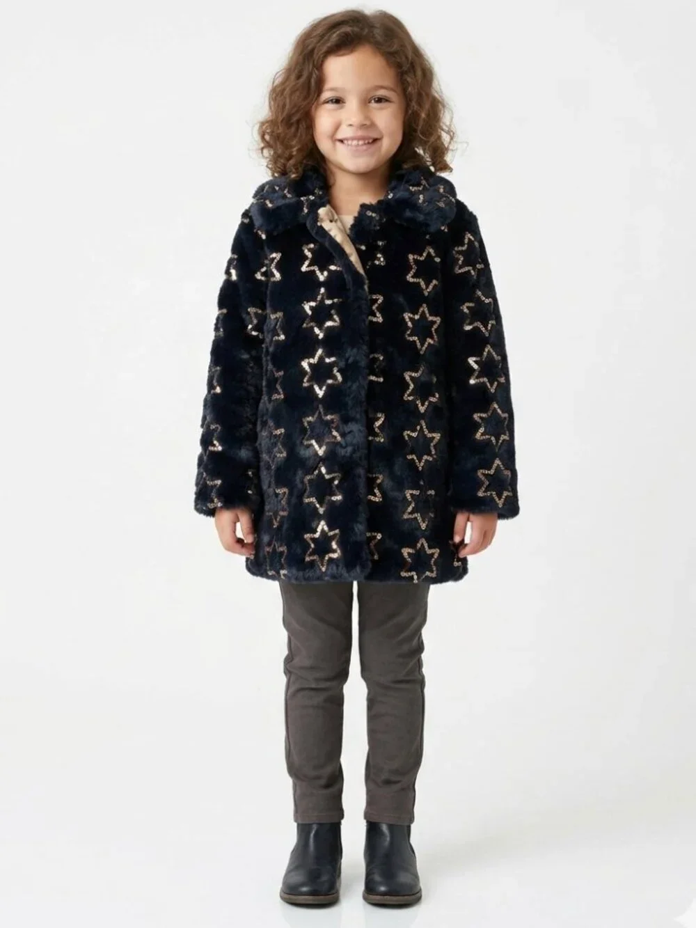 Girls HANNAH BANANA Black Faux Fur Gold Sequin Star Coat 6
